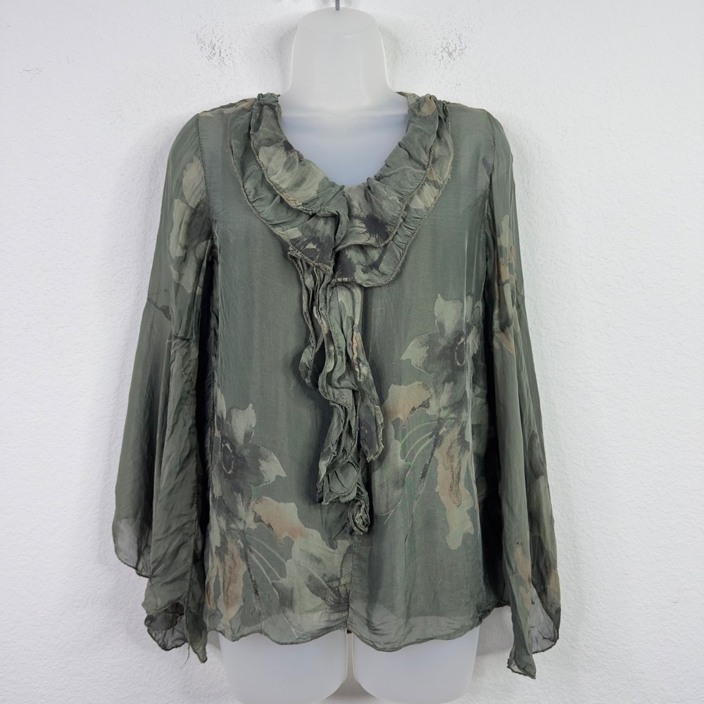 Tempo Paris Shirt Women M Silk Floral Ruffle Sheer Boho Romantic Whimsical Italy